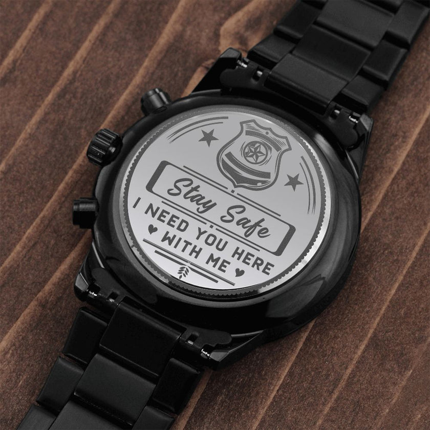 Engraved Design Black Chronograph Watch- Police Stay Safe - Carbone's Marketplace