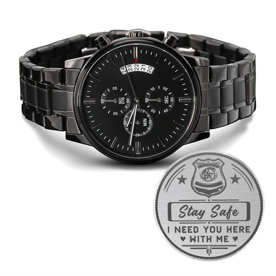 Engraved Design Black Chronograph Watch- Police Stay Safe - Carbone's Marketplace