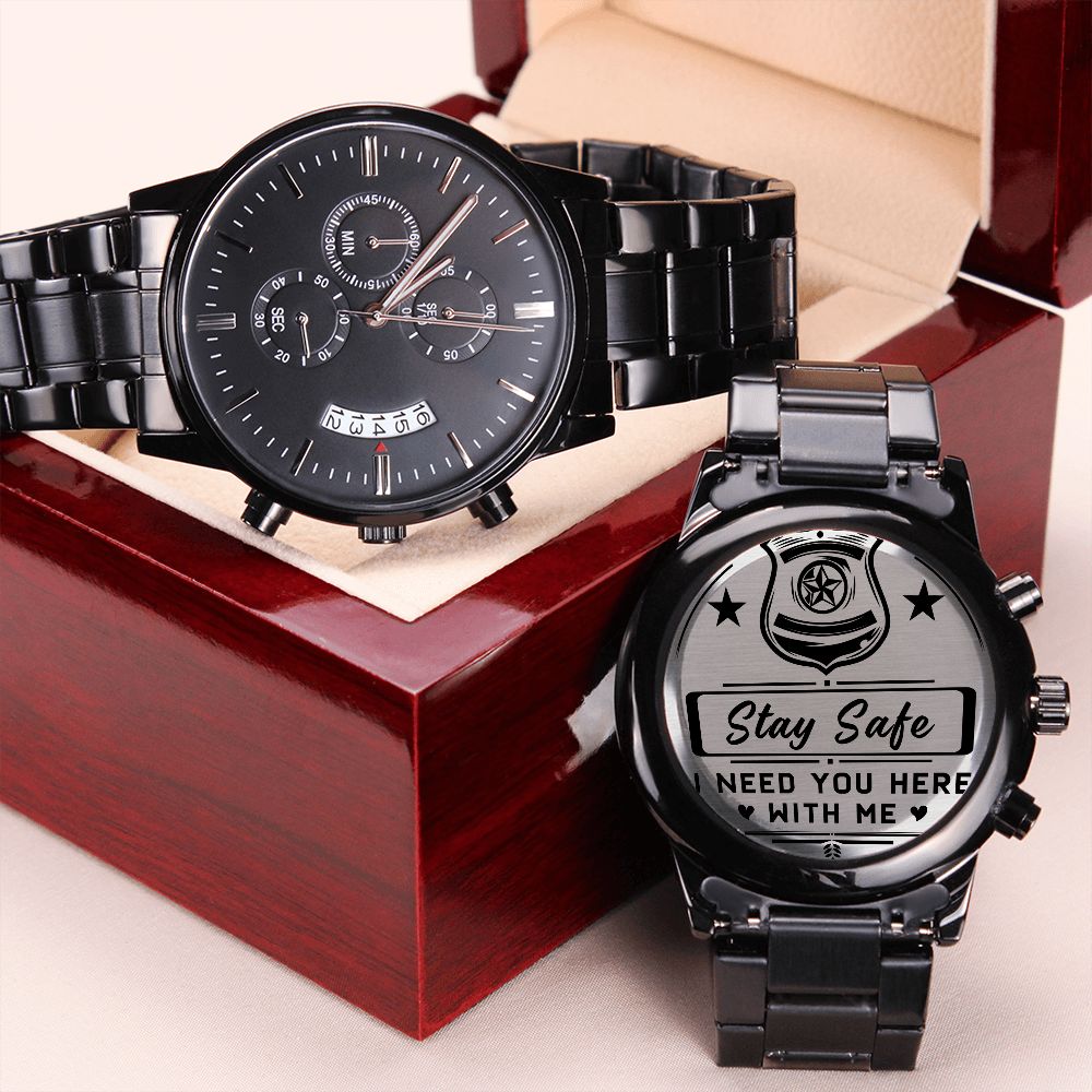 Engraved Design Black Chronograph Watch- Police Stay Safe - Carbone's Marketplace