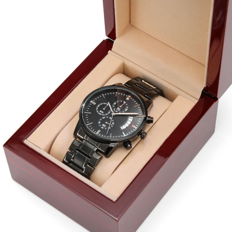 Engraved Design Black Chronograph Watch- Police Stay Safe - Carbone&