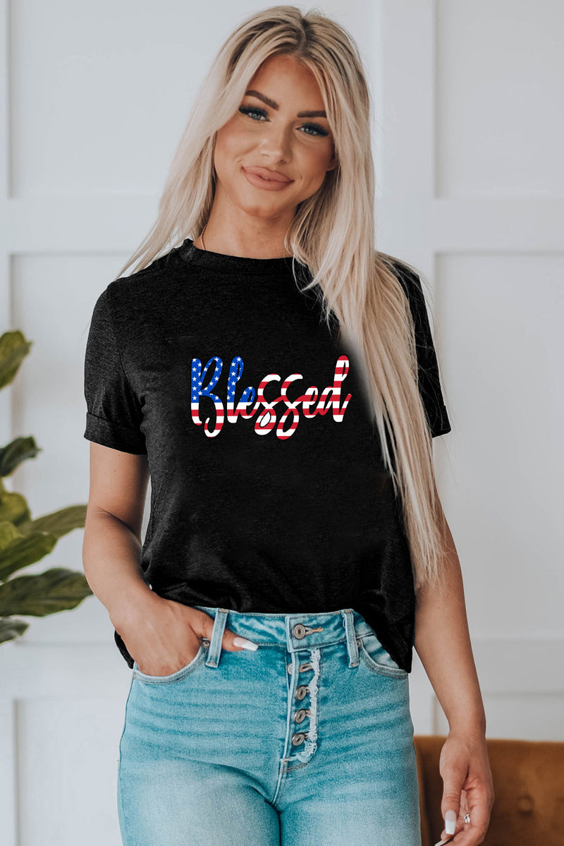 USA Flag Colored BLESSED Round Neck Tee