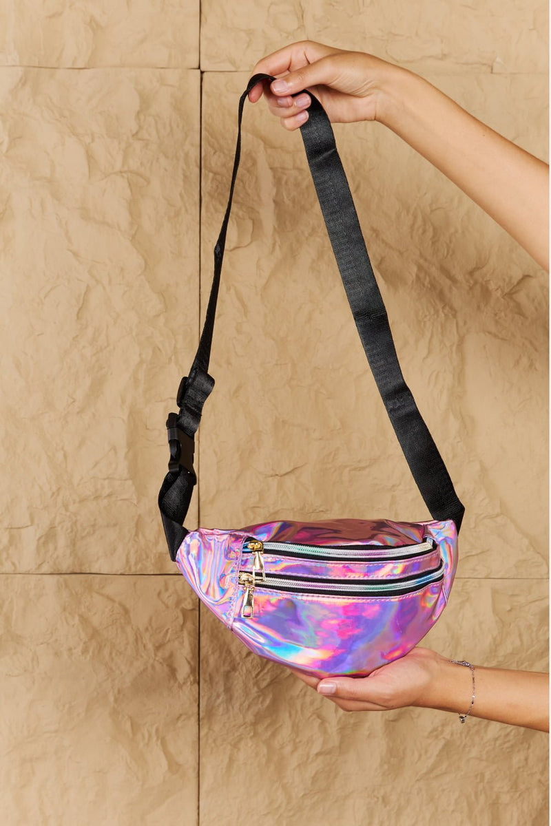 Fame Good Vibrations Holographic Double Zipper Fanny Pack in Hot Pink - Carbone&
