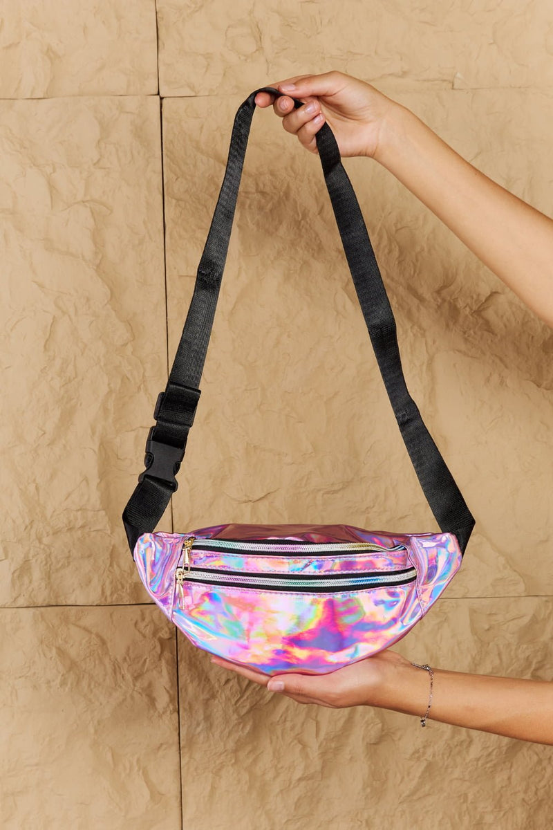 Fame Good Vibrations Holographic Double Zipper Fanny Pack in Hot Pink - Carbone&