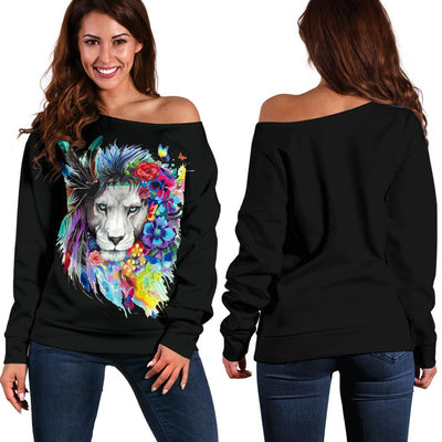 Floral Feather Lion (Black) - Women's Off Shoulder Sweater - Carbone's Marketplace