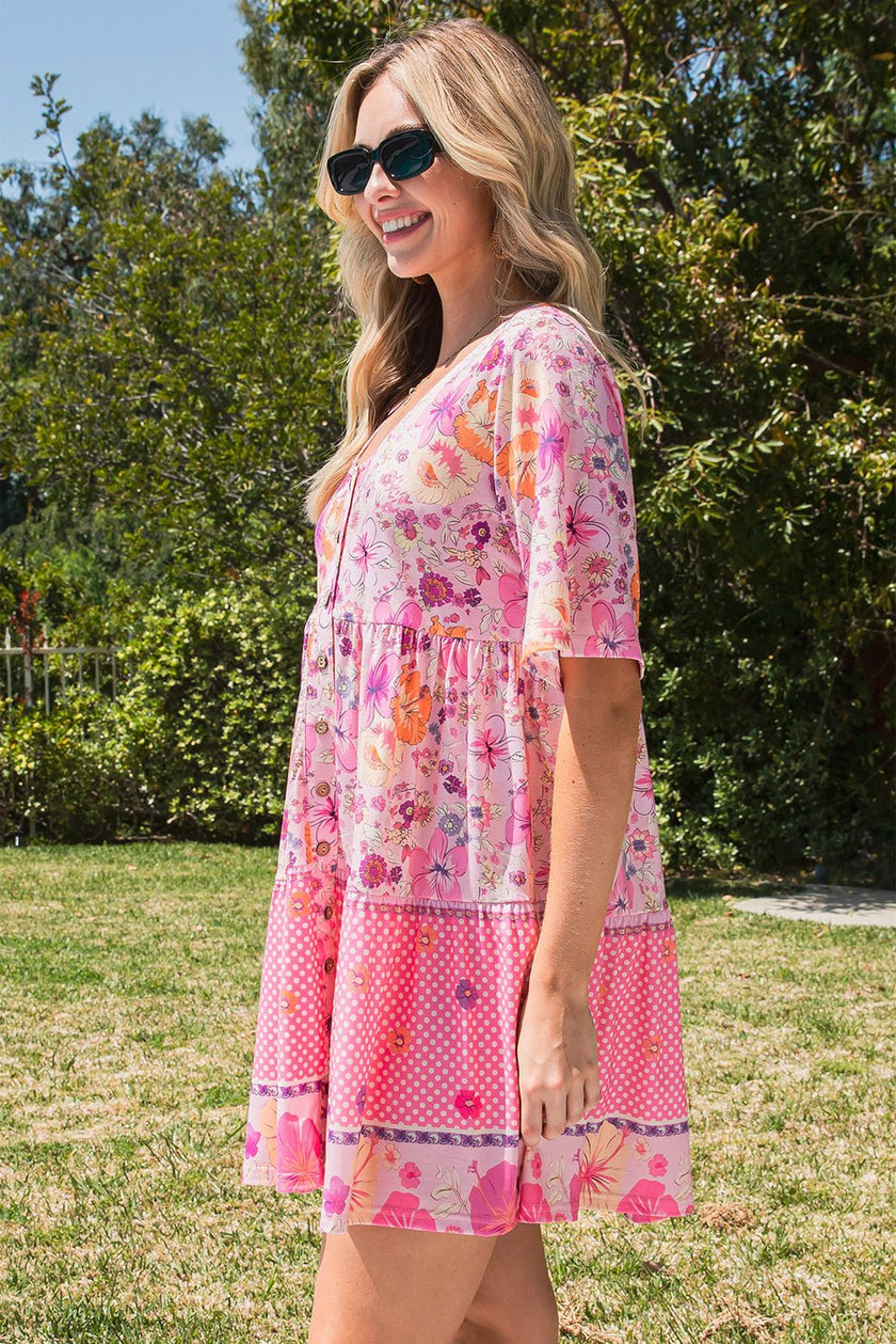 Floral Polka Dot Buttoned Mini Dress - Carbone's Marketplace