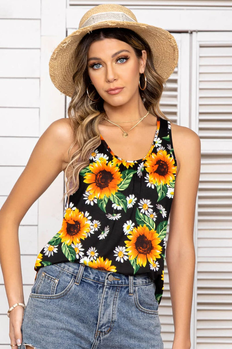 Floral Scoop Neck Tank Top - Carbone&