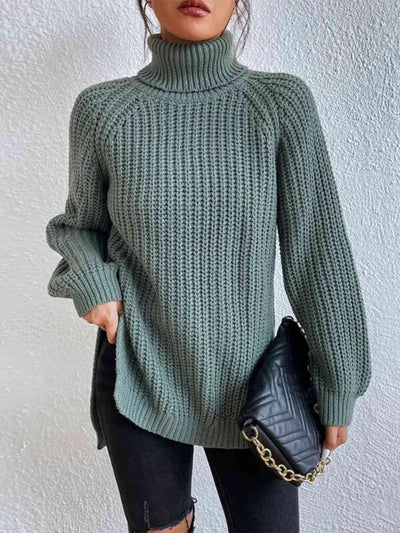 Full Size Turtleneck Rib-Knit Slit Sweater - Carbone's Marketplace