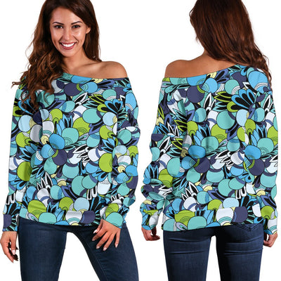 Funky Patterns in Blues - Women's Off Shoulder Sweater - Carbone's Marketplace