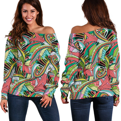 Funky Patterns in Greens - Women's Off Shoulder Sweater - Carbone's Marketplace