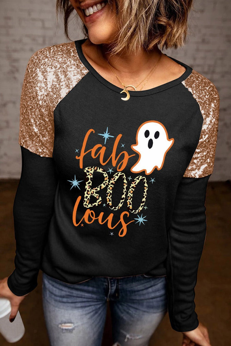 Ghost Graphic Sequin Long Sleeve T-Shirt - Carbone&