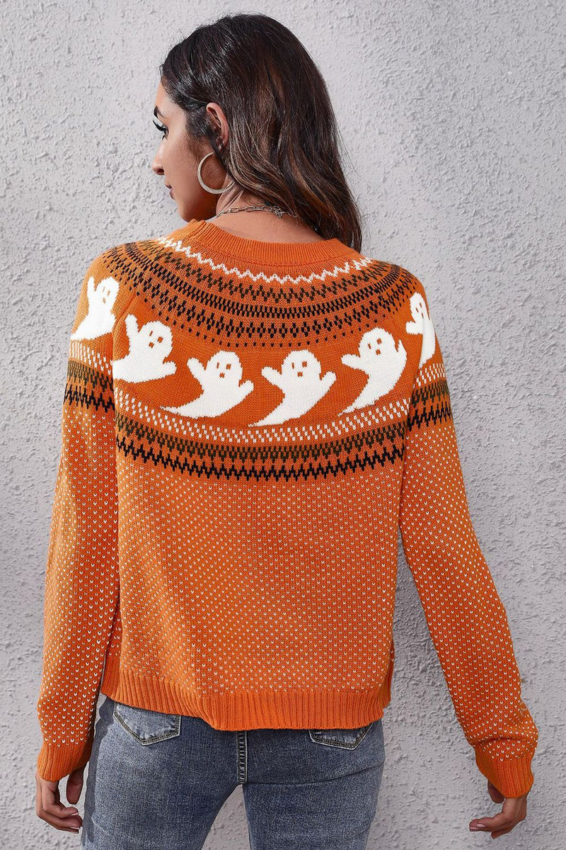 Ghost Pattern Round Neck Long Sleeve Sweater - Carbone&