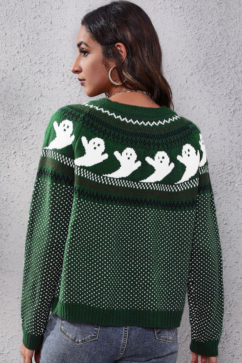 Ghost Pattern Round Neck Long Sleeve Sweater - Carbone&