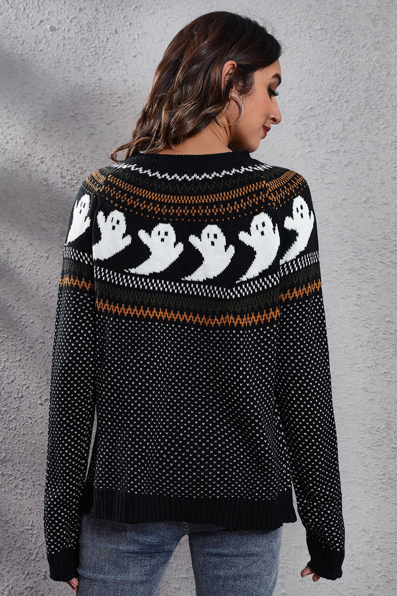 Ghost Pattern Round Neck Long Sleeve Sweater - Carbone&