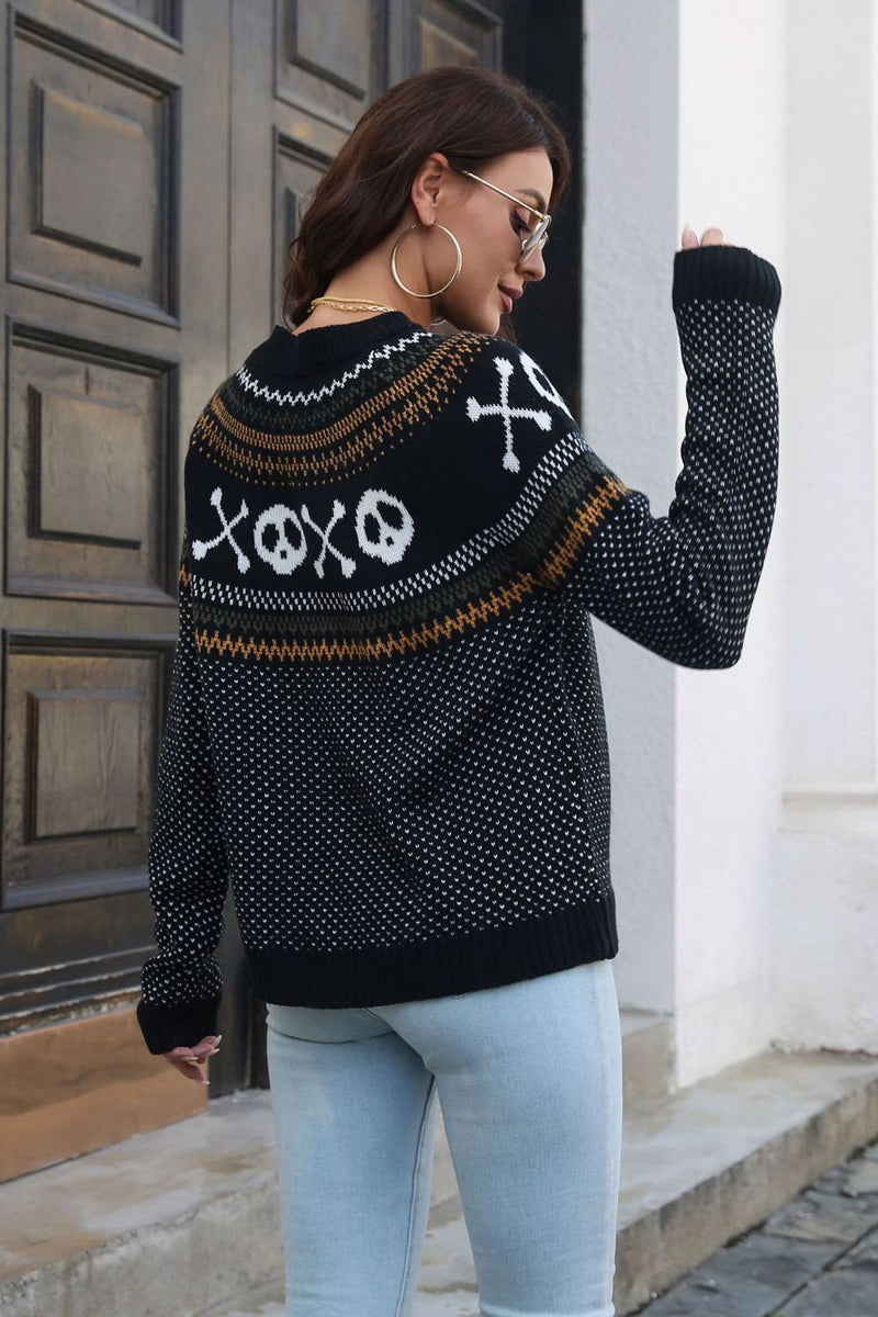 Ghost Pattern Round Neck Long Sleeve Sweater - Carbone&