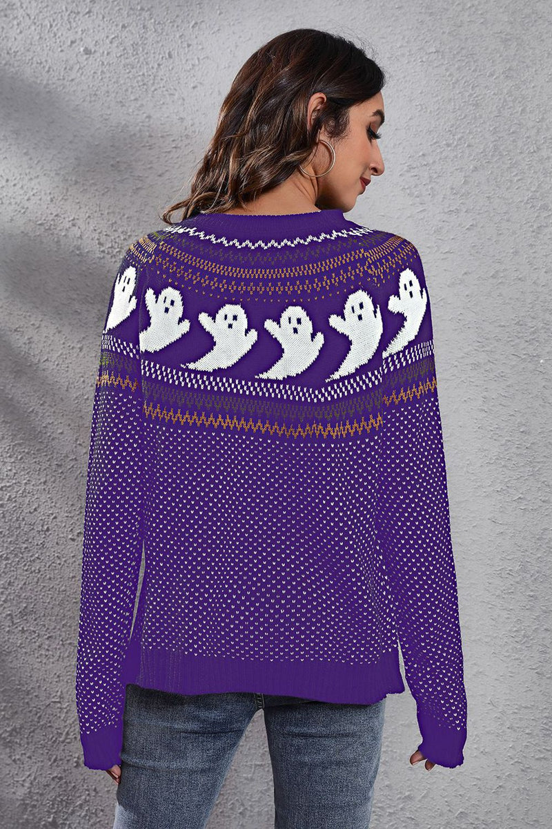 Ghost Pattern Round Neck Long Sleeve Sweater - Carbone&