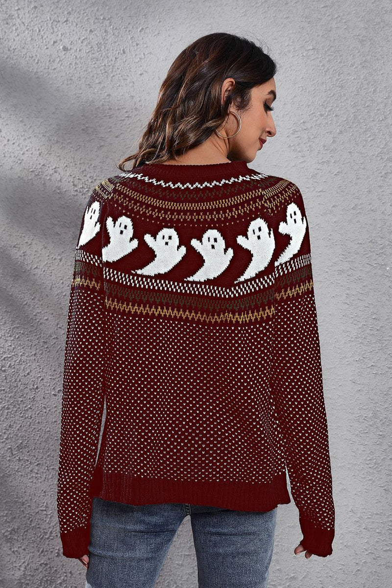 Ghost Pattern Round Neck Long Sleeve Sweater - Carbone&