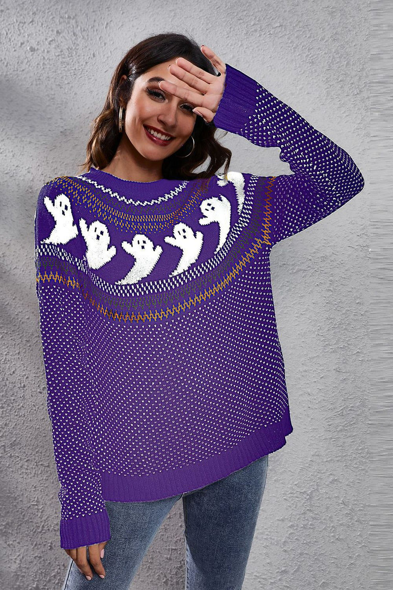 Ghost Pattern Round Neck Long Sleeve Sweater - Carbone&