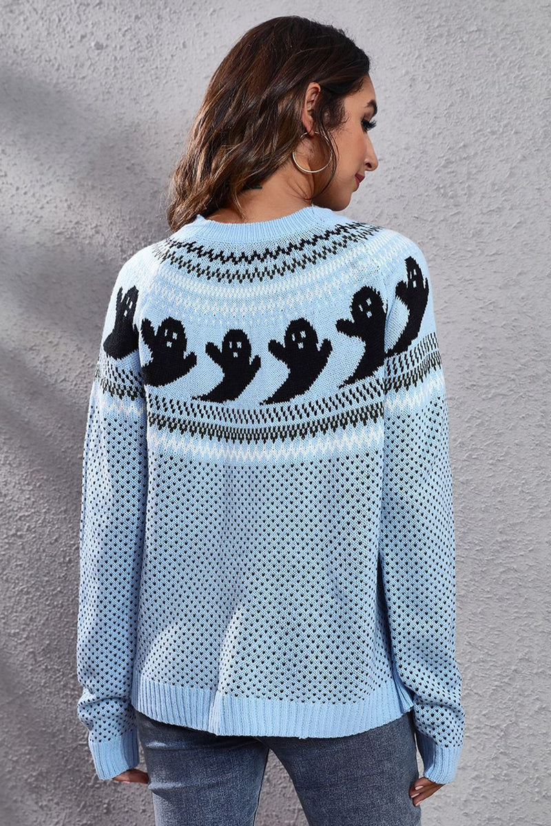 Ghost Pattern Round Neck Long Sleeve Sweater - Carbone&