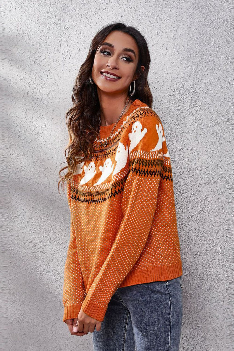 Ghost Pattern Round Neck Long Sleeve Sweater - Carbone&