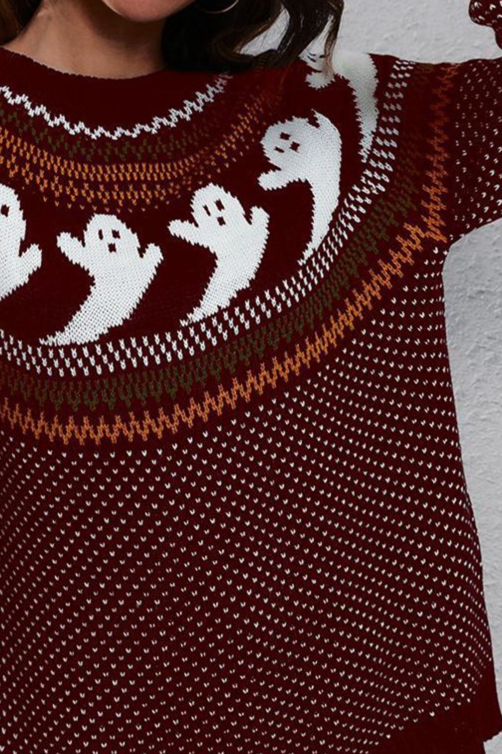 Ghost Pattern Round Neck Long Sleeve Sweater - Carbone's Marketplace