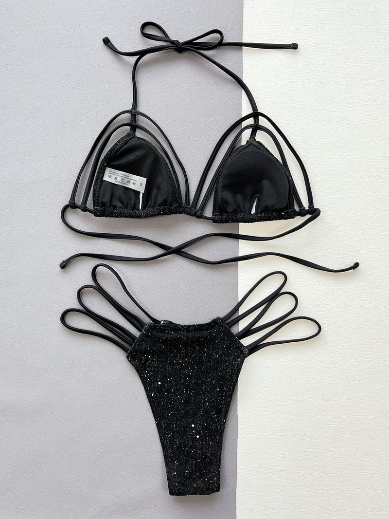 Glitter Halter Neck Strappy Two-Piece Bikini Set - Carbone&
