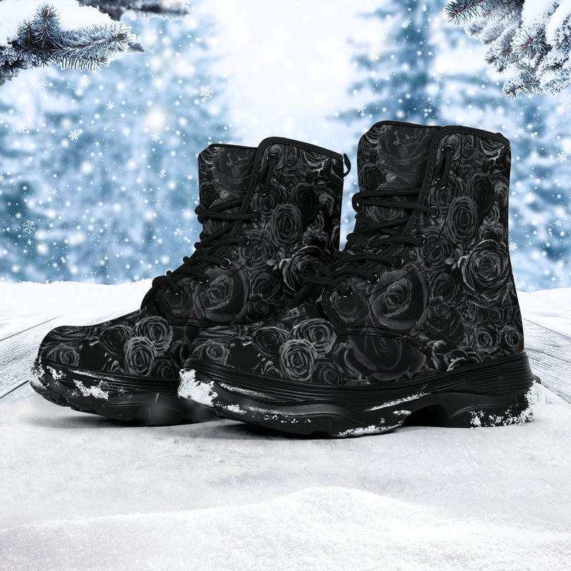 Gorgeous Black on Black Roses all over print trendy chunky boots - Carbone&