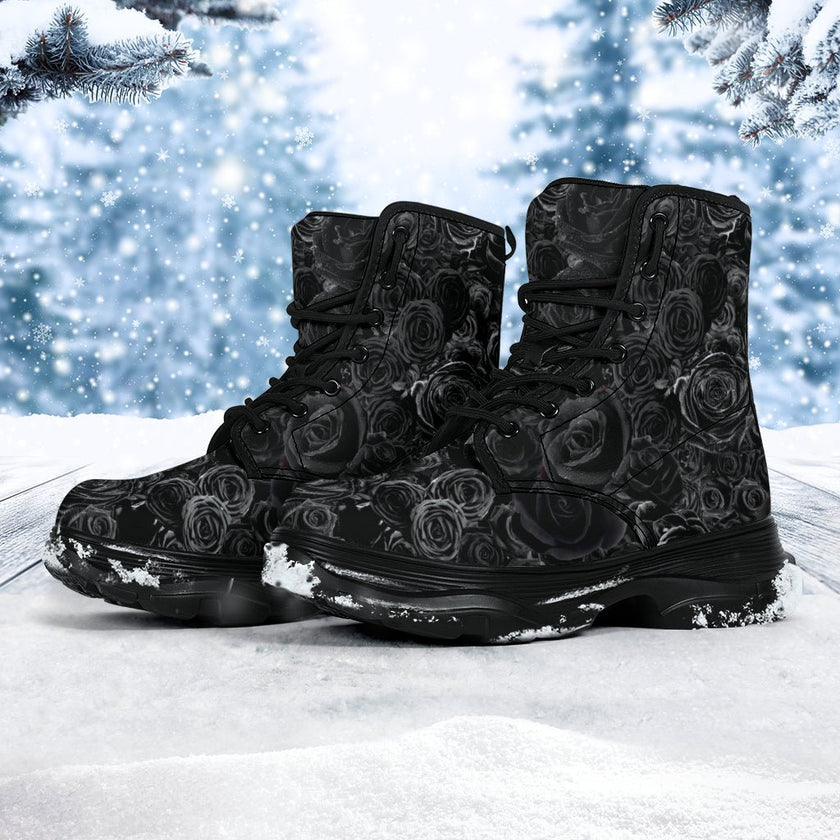 Gorgeous Black on Black Roses all over print trendy chunky boots - Carbone's Marketplace