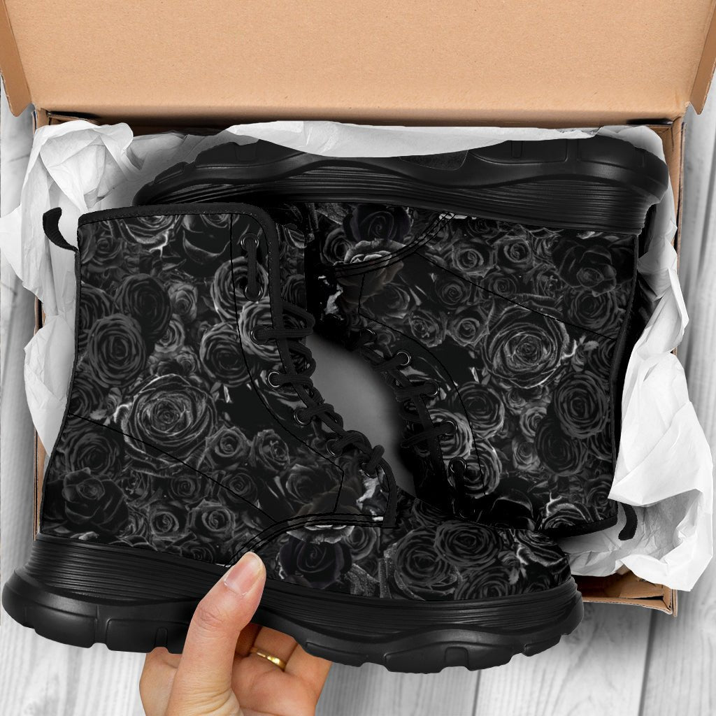 Gorgeous Black on Black Roses all over print trendy chunky boots - Carbone's Marketplace