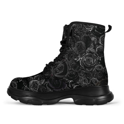 Gorgeous Black on Black Roses all over print trendy chunky boots - Carbone's Marketplace