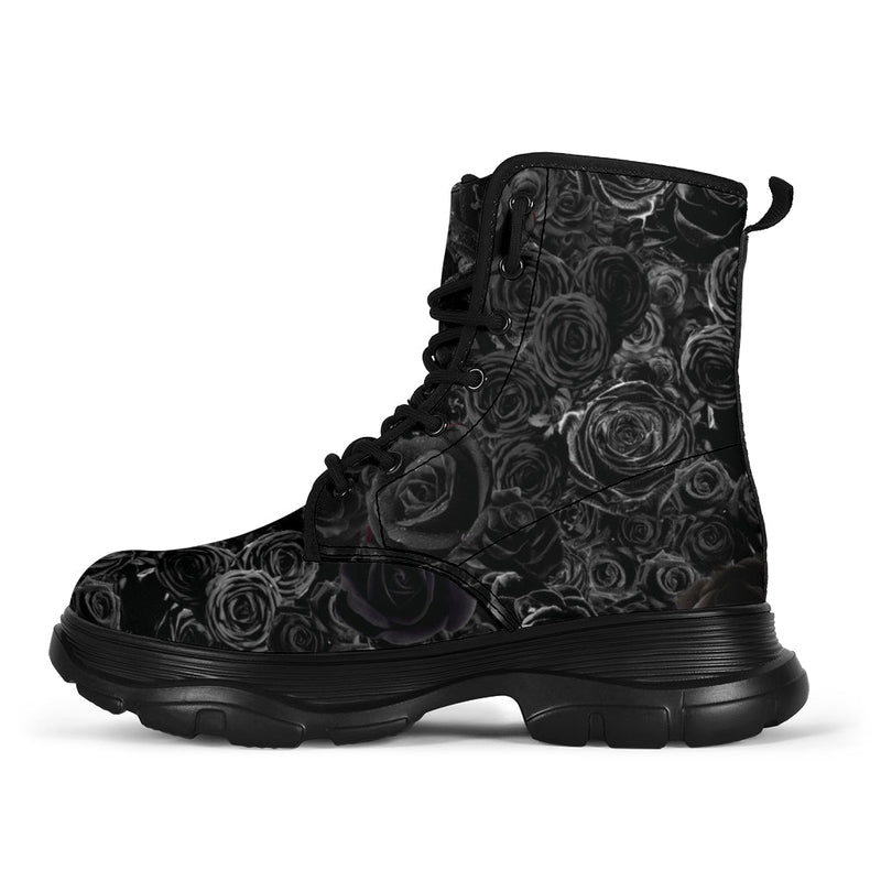 Gorgeous Black on Black Roses all over print trendy chunky boots - Carbone&