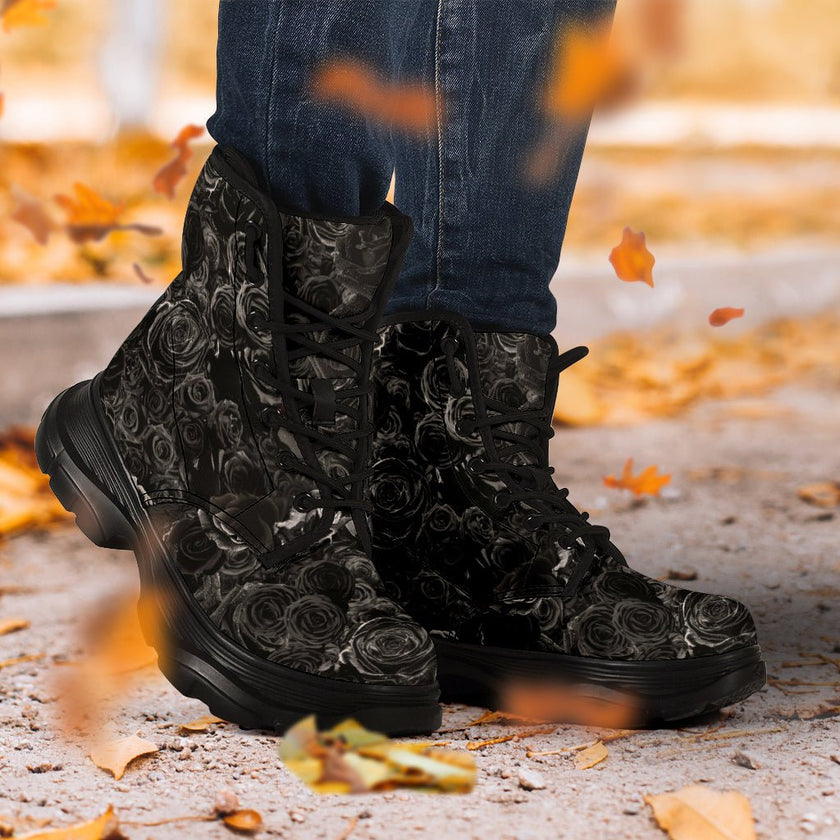 Gorgeous Black on Black Roses all over print trendy chunky boots - Carbone's Marketplace