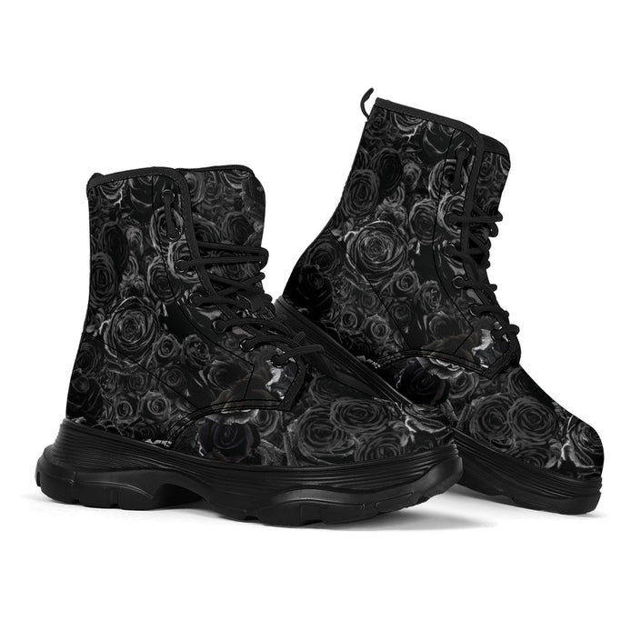 Gorgeous Black on Black Roses all over print trendy chunky boots - Carbone's Marketplace