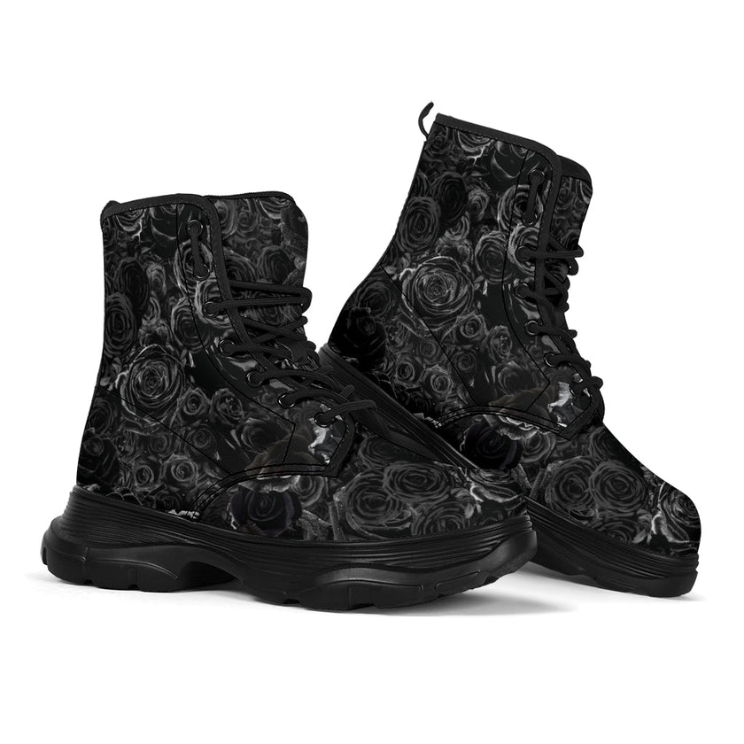 Gorgeous Black on Black Roses all over print trendy chunky boots - Carbone's Marketplace