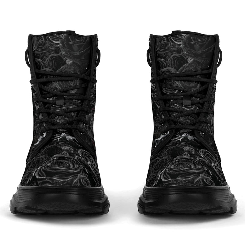 Gorgeous Black on Black Roses all over print trendy chunky boots - Carbone&