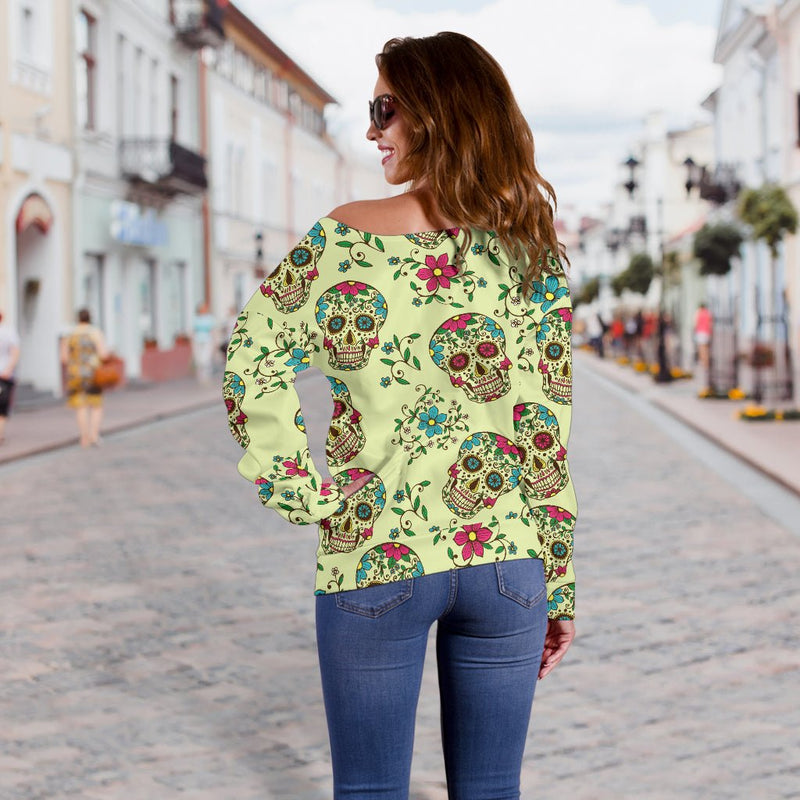 Green Sugar Skull Off Shoulder Hoodie - Carbone&