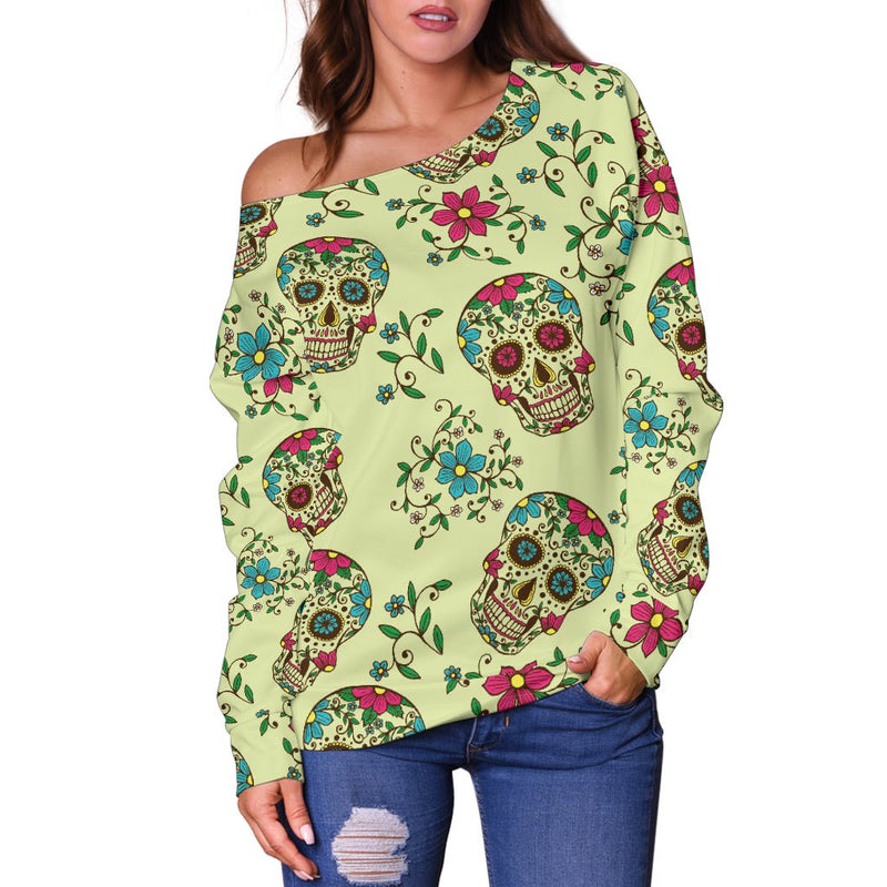 Green Sugar Skull Off Shoulder Hoodie - Carbone&