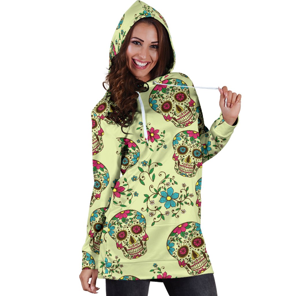 Green Sugar Skull Women's Hoodie Dress - Carbone's Marketplace