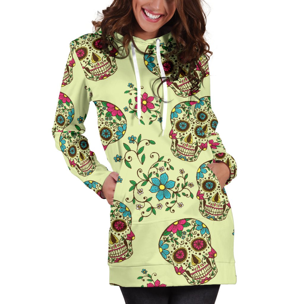 Green Sugar Skull Women's Hoodie Dress - Carbone's Marketplace