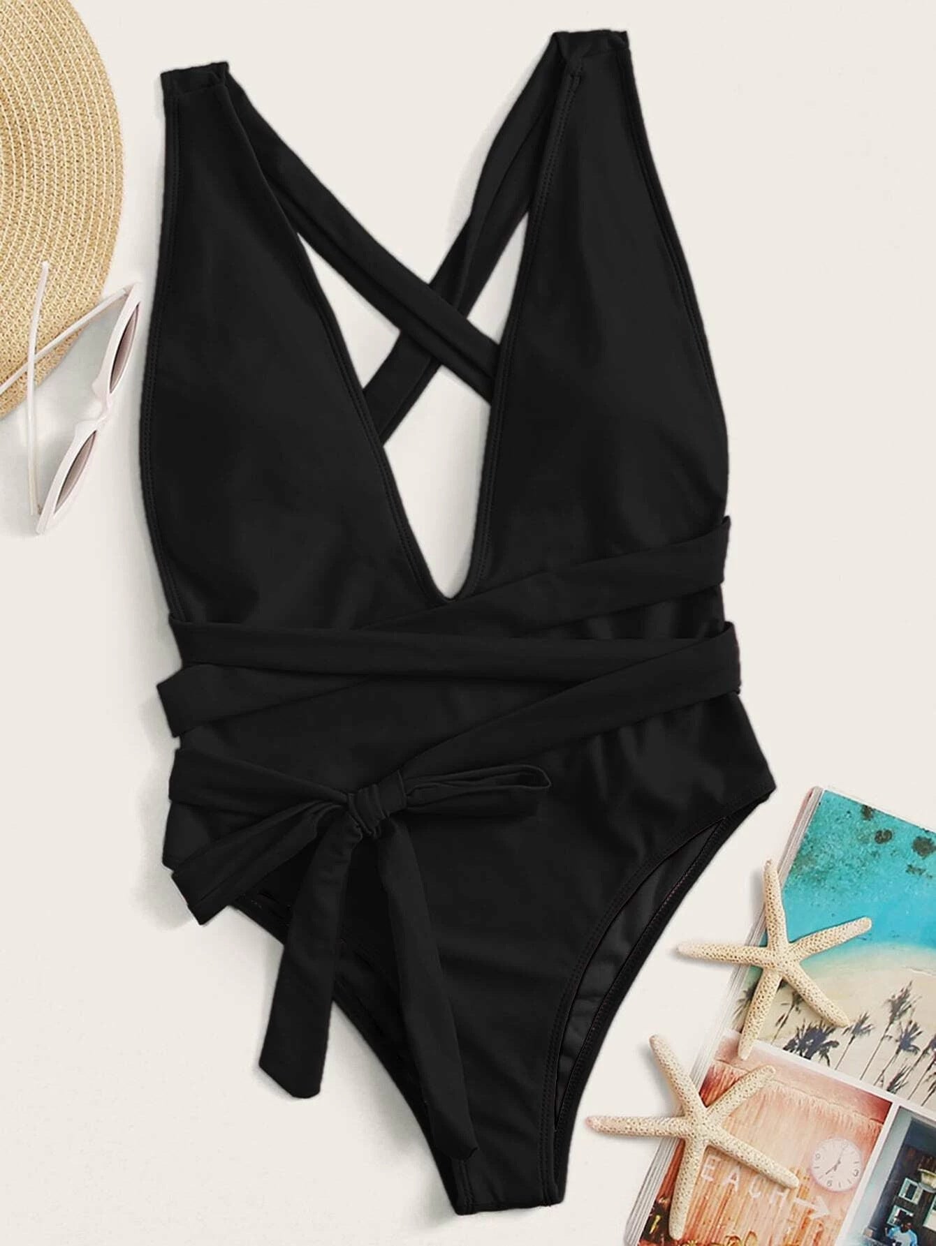 Halter Neck Deep V Tied One-Piece Swimsuit - Carbone's Marketplace