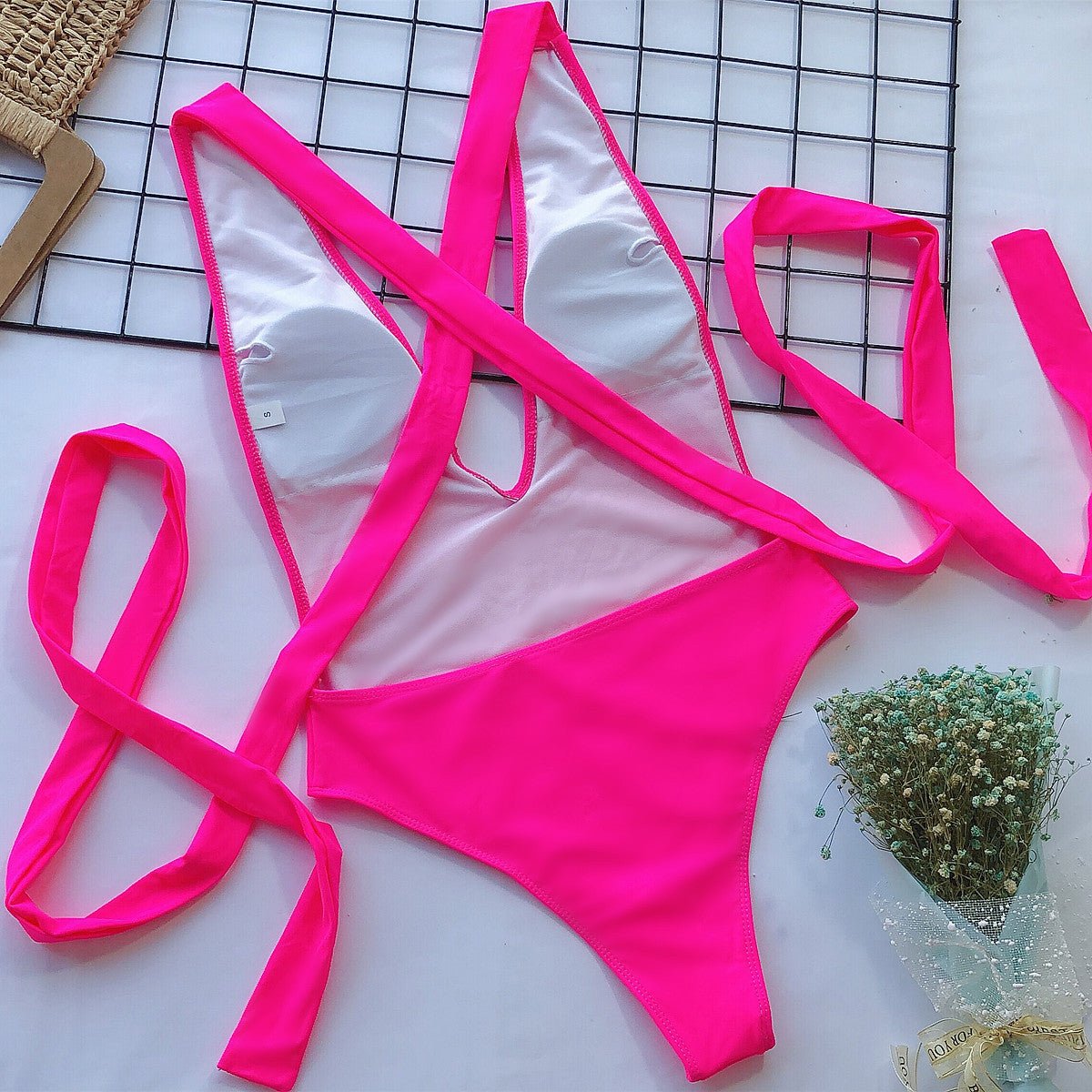 Halter Neck Deep V Tied One-Piece Swimsuit - Carbone's Marketplace