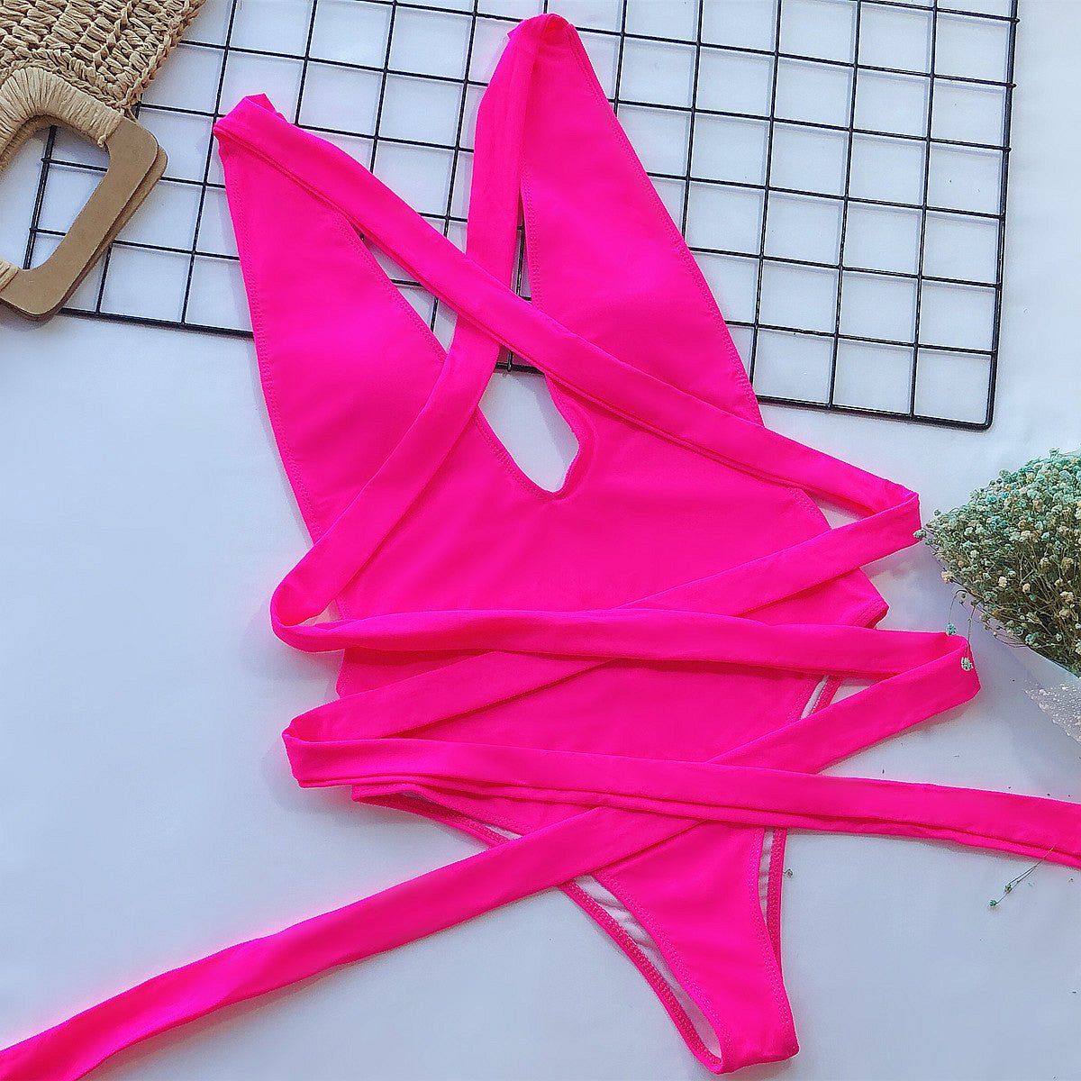 Halter Neck Deep V Tied One-Piece Swimsuit - Carbone's Marketplace