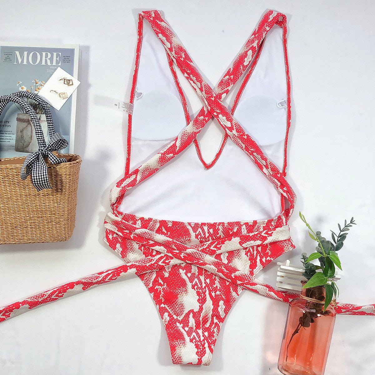 Halter Neck Deep V Tied One-Piece Swimsuit - Carbone's Marketplace