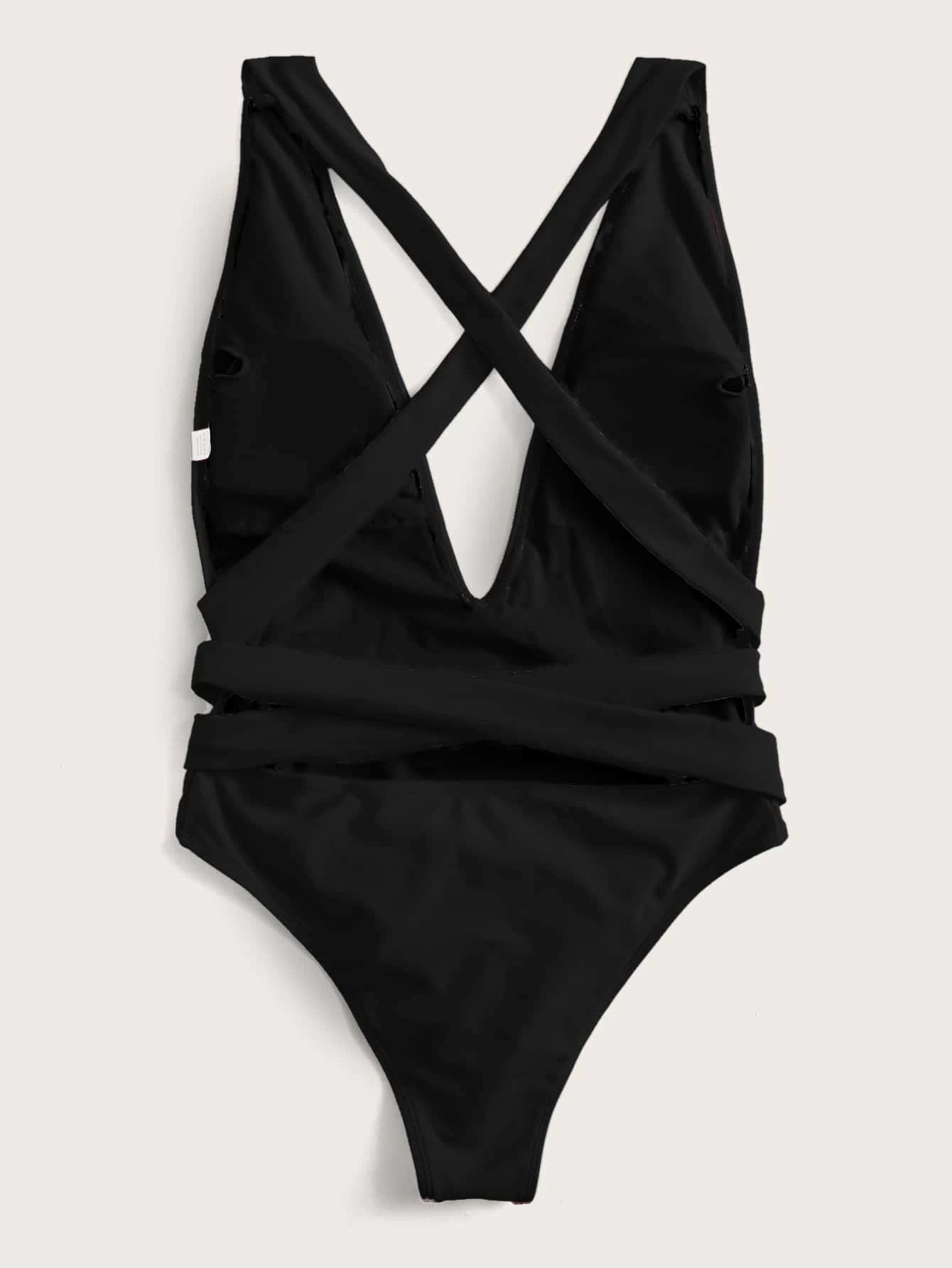 Halter Neck Deep V Tied One-Piece Swimsuit - Carbone's Marketplace