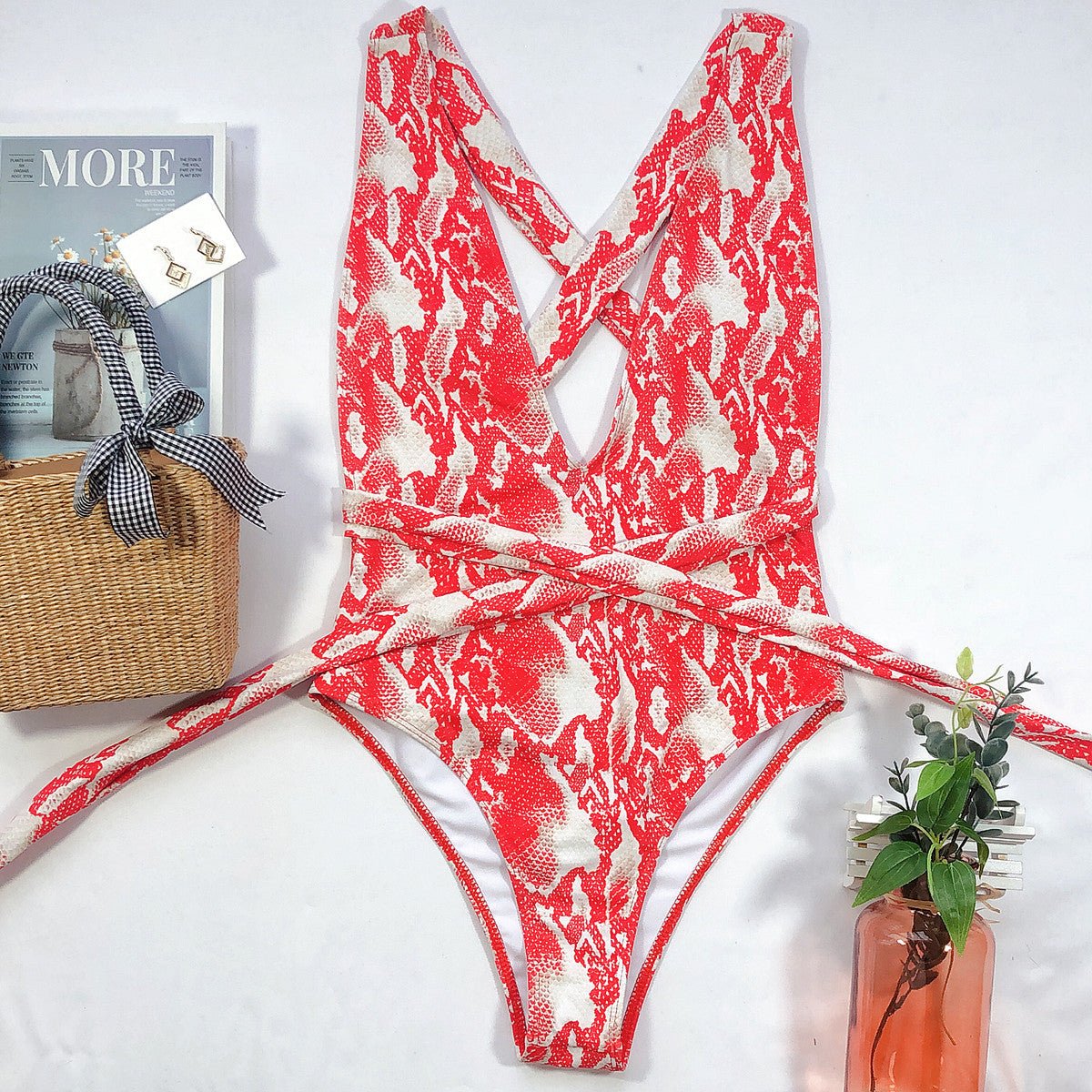 Halter Neck Deep V Tied One-Piece Swimsuit - Carbone's Marketplace
