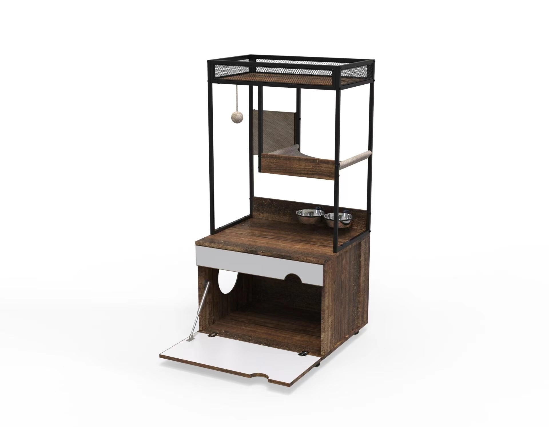 Hidden Cat Litter Box Enclosures with Cat Tree Tower, Cat Furniture with Scratching Pads and Large Storage Space, Industrial Cat Cabinet with Shelves and Doors, Rustic Brown - Carbone's Marketplace