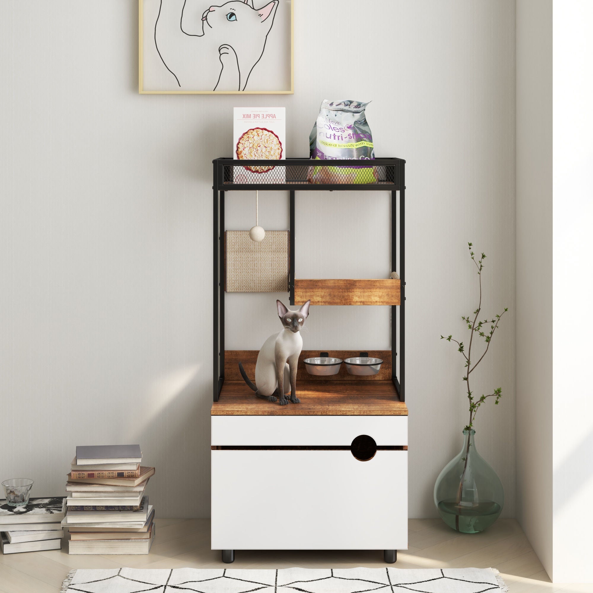 Hidden Cat Litter Box Enclosures with Cat Tree Tower, Cat Furniture with Scratching Pads and Large Storage Space, Industrial Cat Cabinet with Shelves and Doors, Rustic Brown - Carbone's Marketplace