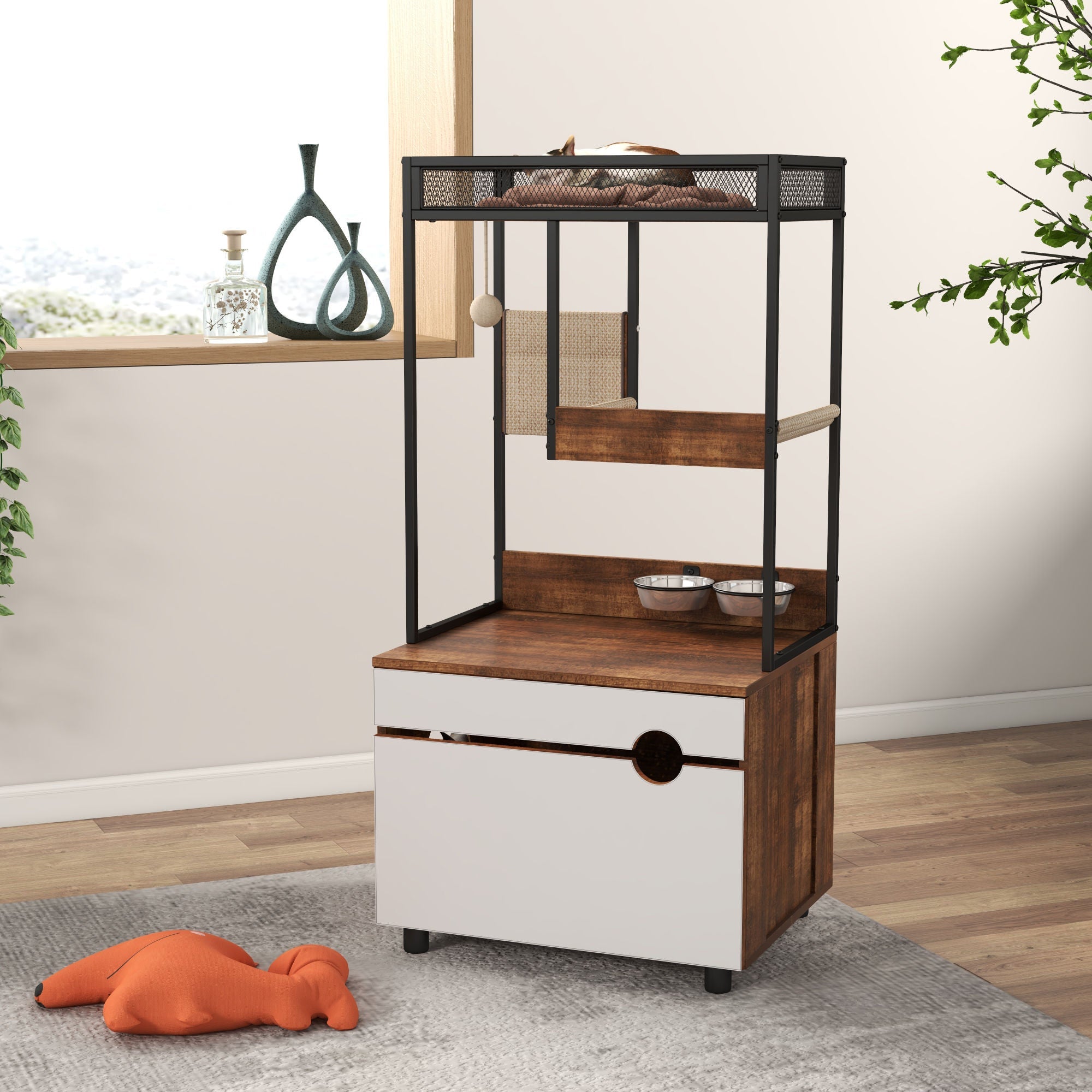 Hidden Cat Litter Box Enclosures with Cat Tree Tower, Cat Furniture with Scratching Pads and Large Storage Space, Industrial Cat Cabinet with Shelves and Doors, Rustic Brown - Carbone's Marketplace