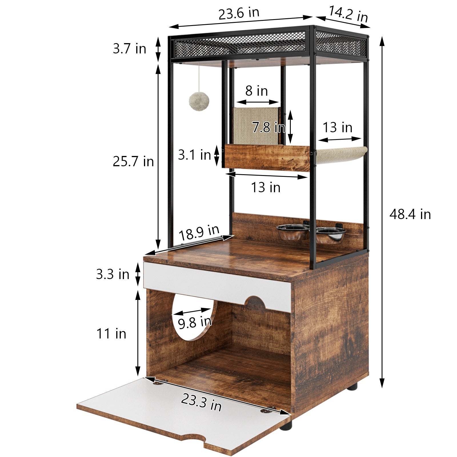 Hidden Cat Litter Box Enclosures with Cat Tree Tower, Cat Furniture with Scratching Pads and Large Storage Space, Industrial Cat Cabinet with Shelves and Doors, Rustic Brown - Carbone's Marketplace