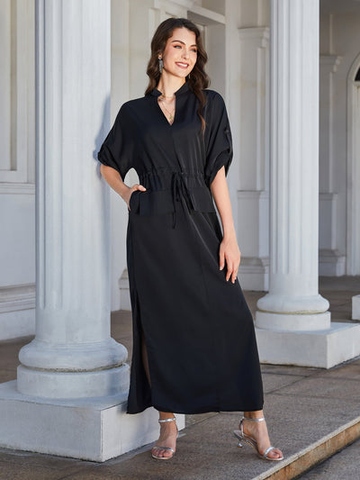 High Slit Roll-tab Sleeve Notched Neck Maxi Dress - Carbone's Marketplace