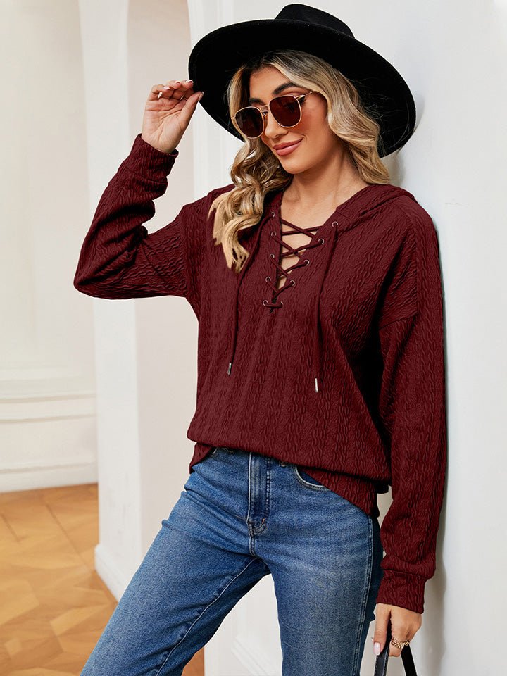 Lace-Up Long Sleeve Hoodie - Carbone's Marketplace